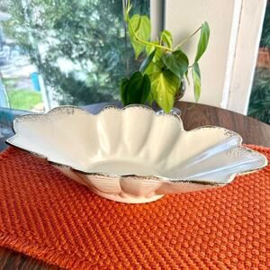 Vintage California Pottery Scalloped Leaf Dish White Gold Rim 487 USA
